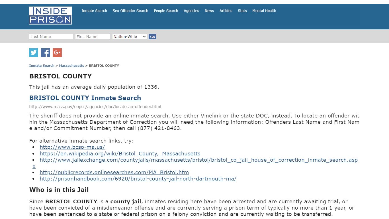 BRISTOL COUNTY - Massachusetts - Inmate Search