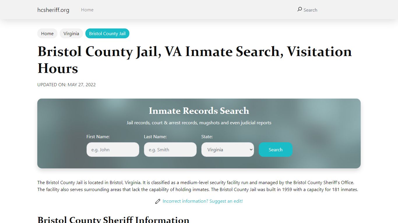 Bristol County Jail, VA Inmate Search, Visitation Hours